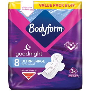 Bodyform Goodnight Ultra Large Pads With Wings 8pk 1 Bodyform Goodnight Ultra Large Pads With Wings 8pk